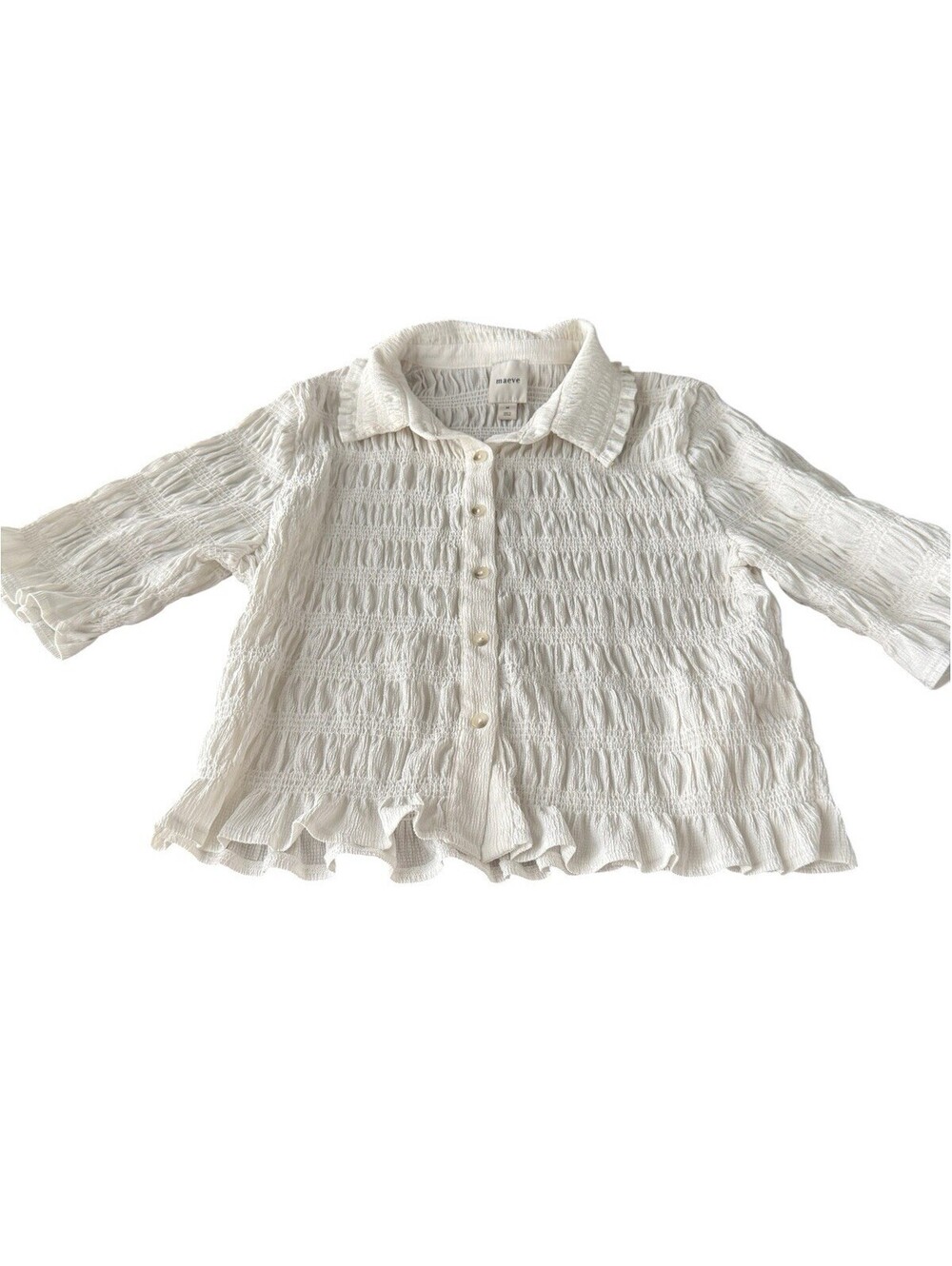 Maeve Anthropologie 3/4 Length Sleeve Rouched Top Size M Collar Boho Button Up